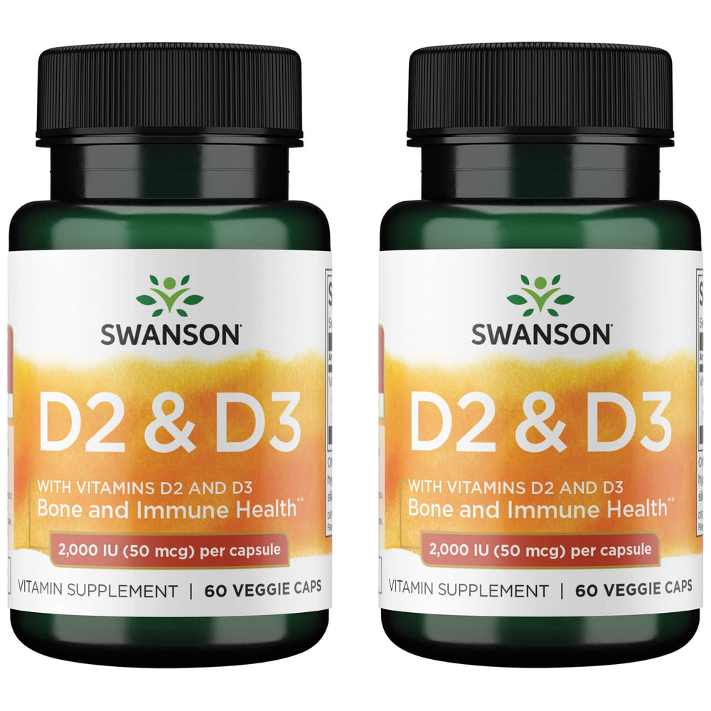 Swanson Vitamin D Complex bottle with 60 veggie capsules, 2-pack