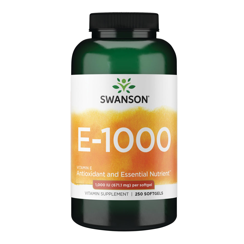 Front view of Swanson Natural Vitamin E 1000 IU bottle