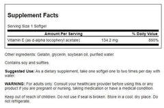 Close-up view of Swanson Vitamin E 200 IU softgels in a bottle