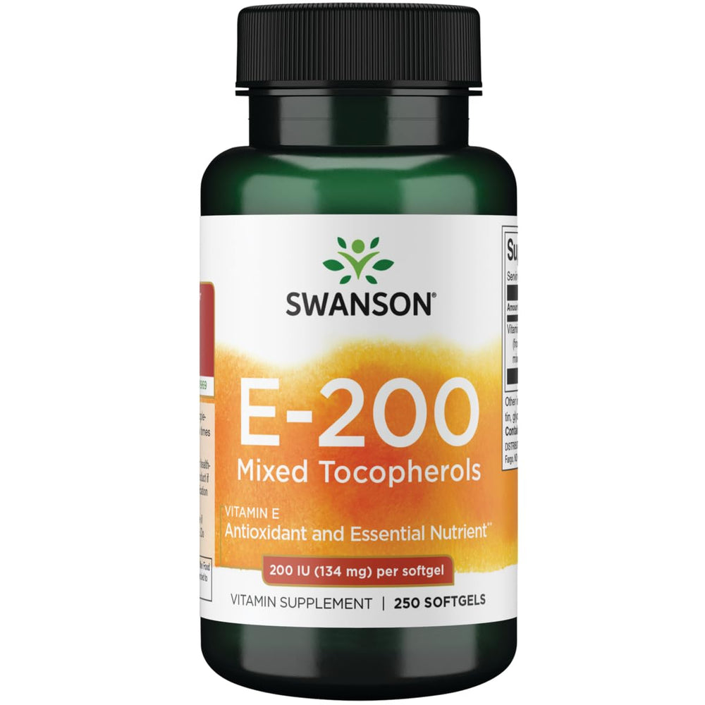 Swanson Vitamin E Mixed Tocopherols bottle offers daily antioxidant support.