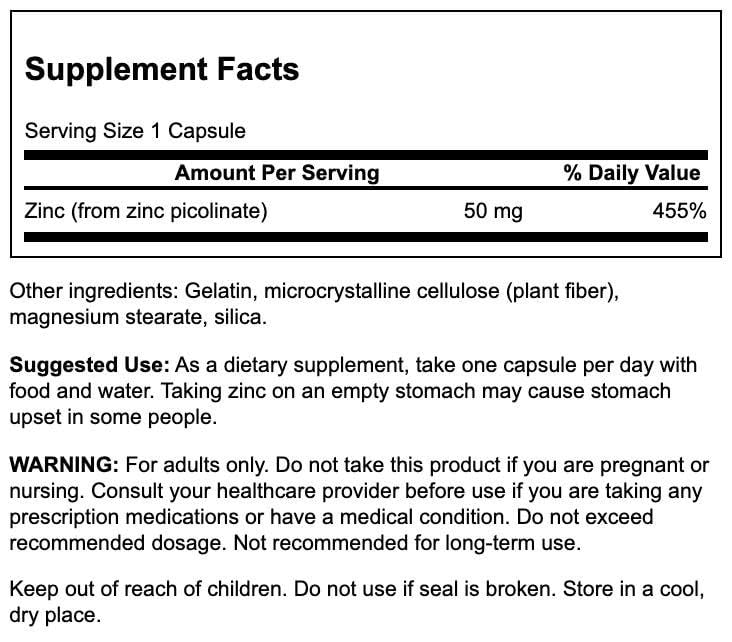 Close-up of Swanson Zinc Picolinate bottle label - 50 mg per capsule