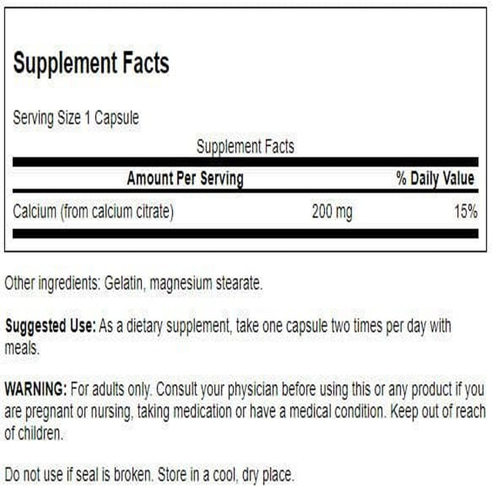 Swanson Calcium Citrate 200 mg 60 Caps (2 Pack) packaging and bottle