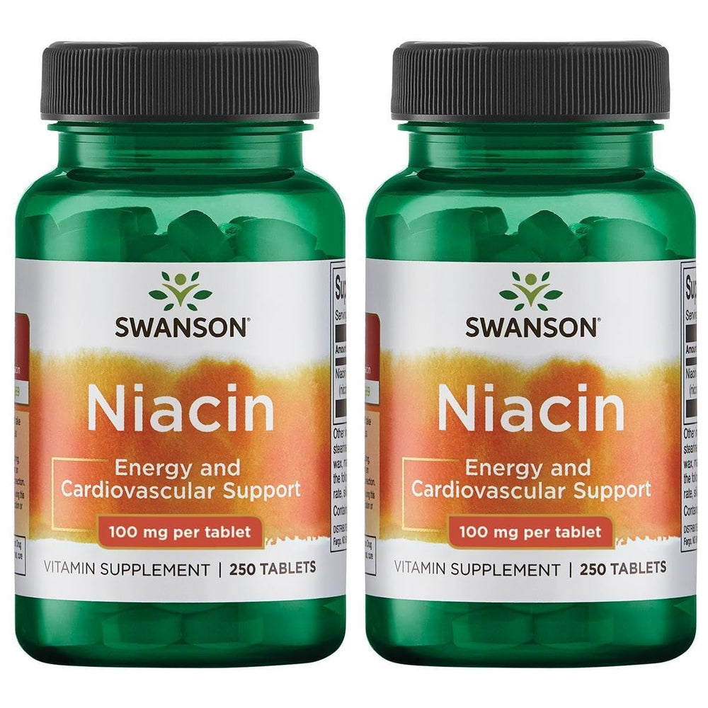 Swanson Niacin Vitamin B3 supplement bottle with 250 tablets, 100 mg NE per capsule, 2-pack
