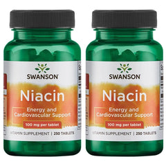 Swanson Niacin Vitamin B3 supplement bottle with 250 tablets, 100 mg NE per capsule, 2-pack