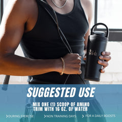 Close-up of Sweat Ethic Amino Trim packaging with 30 servings