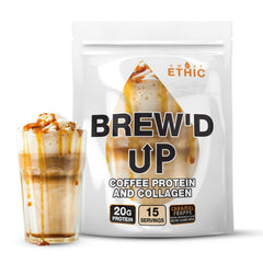 Sweat Ethic Brew’D UP caramel-frappe powder with cup for on-the-go energy boost