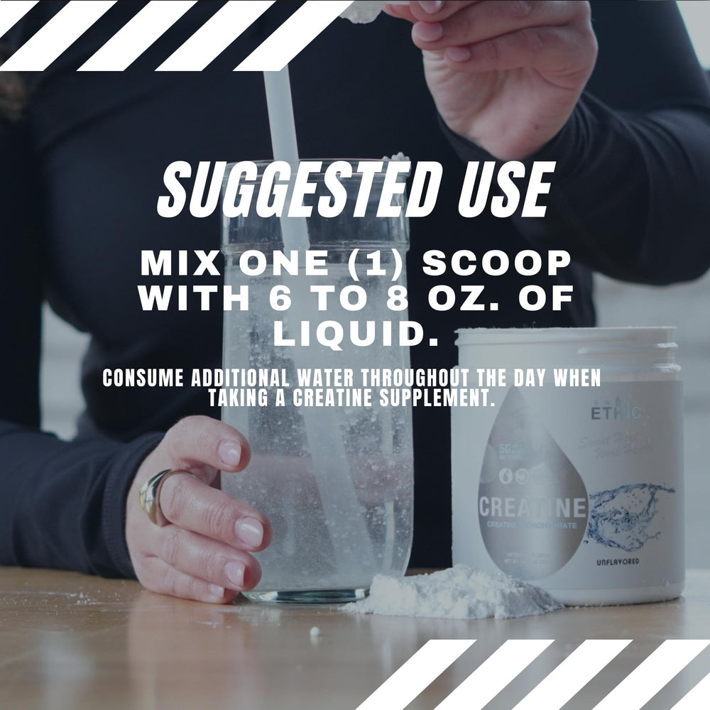 Sweat Ethic Creatine Monohydrate being stirred in a glass underscores versatile mixing with water or juice.