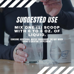 Sweat Ethic Creatine Monohydrate being stirred in a glass underscores versatile mixing with water or juice.