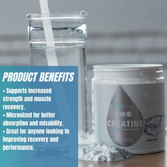 Sweat Ethic Creatine Monohydrate being stirred in a glass underscores versatile mixing with water or juice.