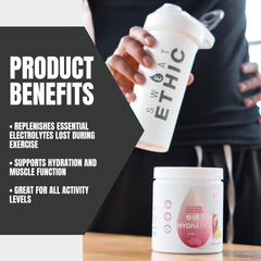 Sweat Ethic Hydrate’D Pink Lemonade label close-up highlighting electrolytes and vitamin C.