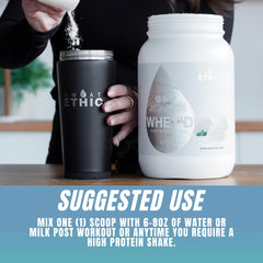 Sweat Ethic Whey'd protein powder bottle highlights 30-ounce size and triple protein blend