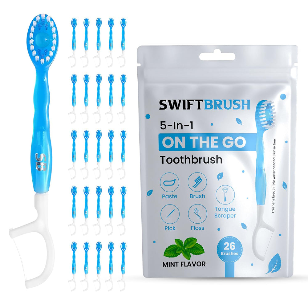 SwiftBrush 5-in-1 disposable travel toothbrush with mint flavor and built-in toothpaste