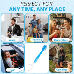 All-in-one oral care on the go: toothpaste, floss, toothpick, and tongue scraper