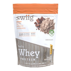 Swiig Premium Daily Whey Matrix chocolate jar with scoop for easy protein serving.