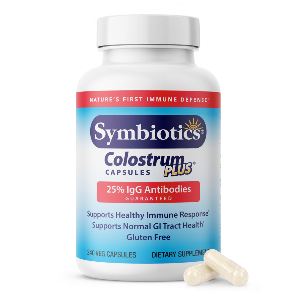 Symbiotics Colostrum 240ct vegetable capsules bottle on white