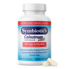 Symbiotics Colostrum 240ct vegetable capsules bottle on white