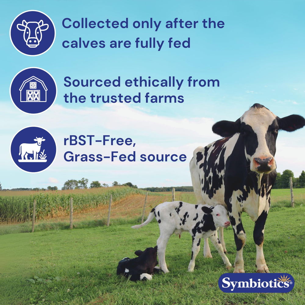 Close-up of product label on Symbiotics Colostrum bottle