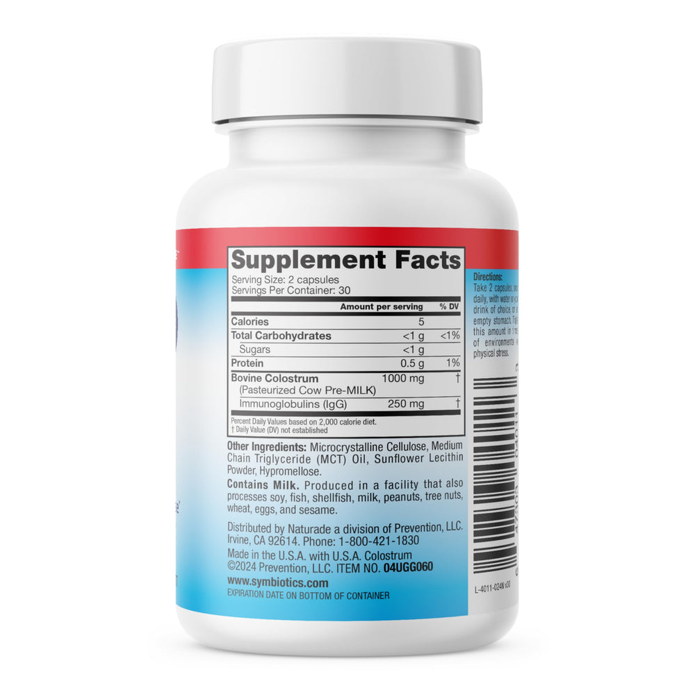 Nutrition facts panel for Symbiotics Colostrum 60ct