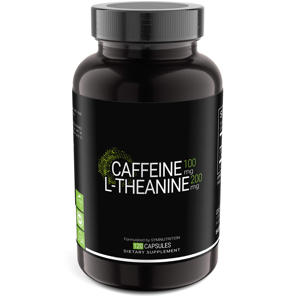 SYMNUTRITION caffeine-L-Theanine bottle front promotes smooth daytime focus.