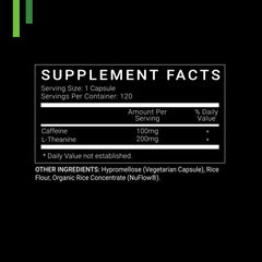 SYMNUTRITION caffeine capsules close-up highlights 120 servings of vegan, gluten-free formula.