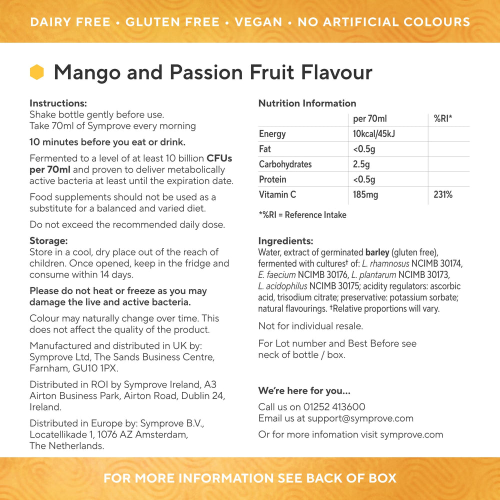 Pouring Symprove Mango and Passionfruit drink