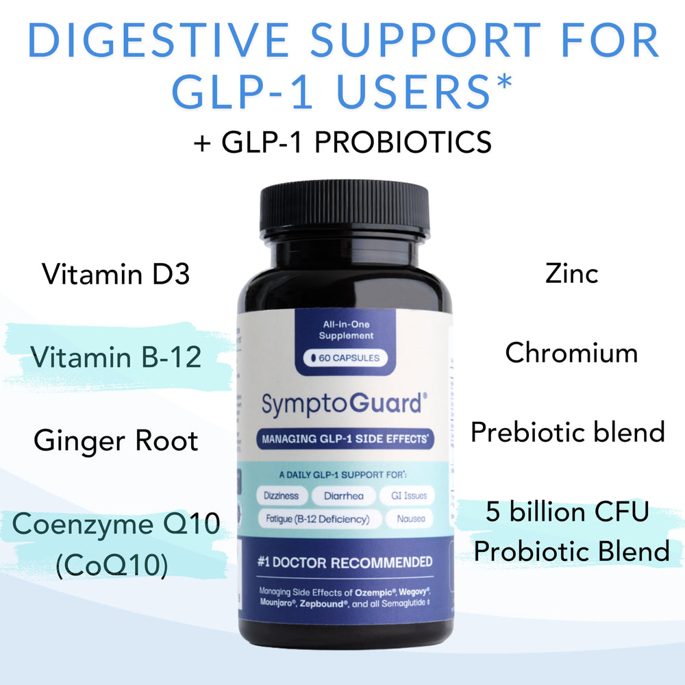 Close-up of SymptoGuard packaging highlighting digestive comfort benefits