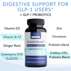 Close-up of SymptoGuard packaging highlighting digestive comfort benefits
