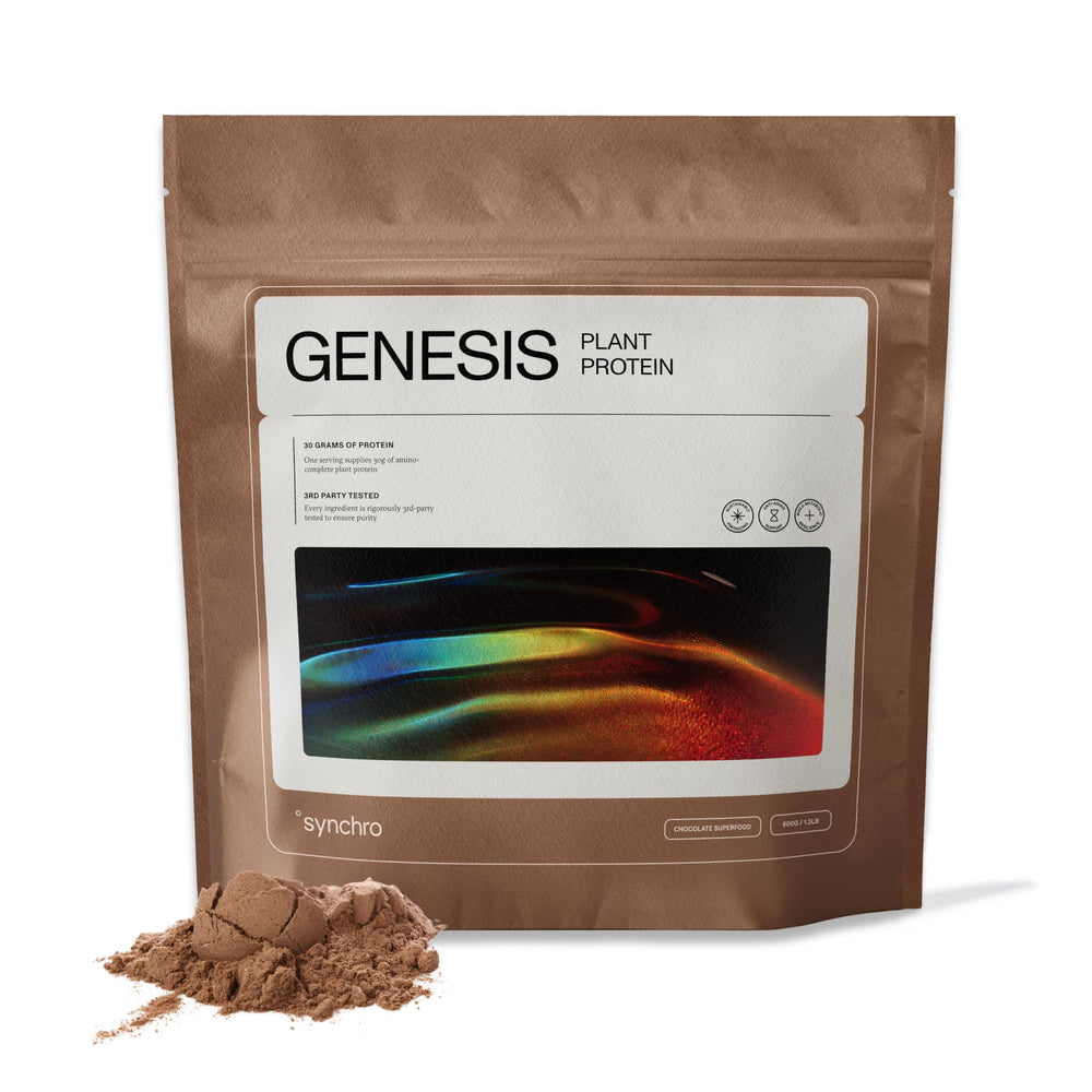 Synchro Genesis chocolate protein tub front view emphasizes clean vegan protein for workouts
