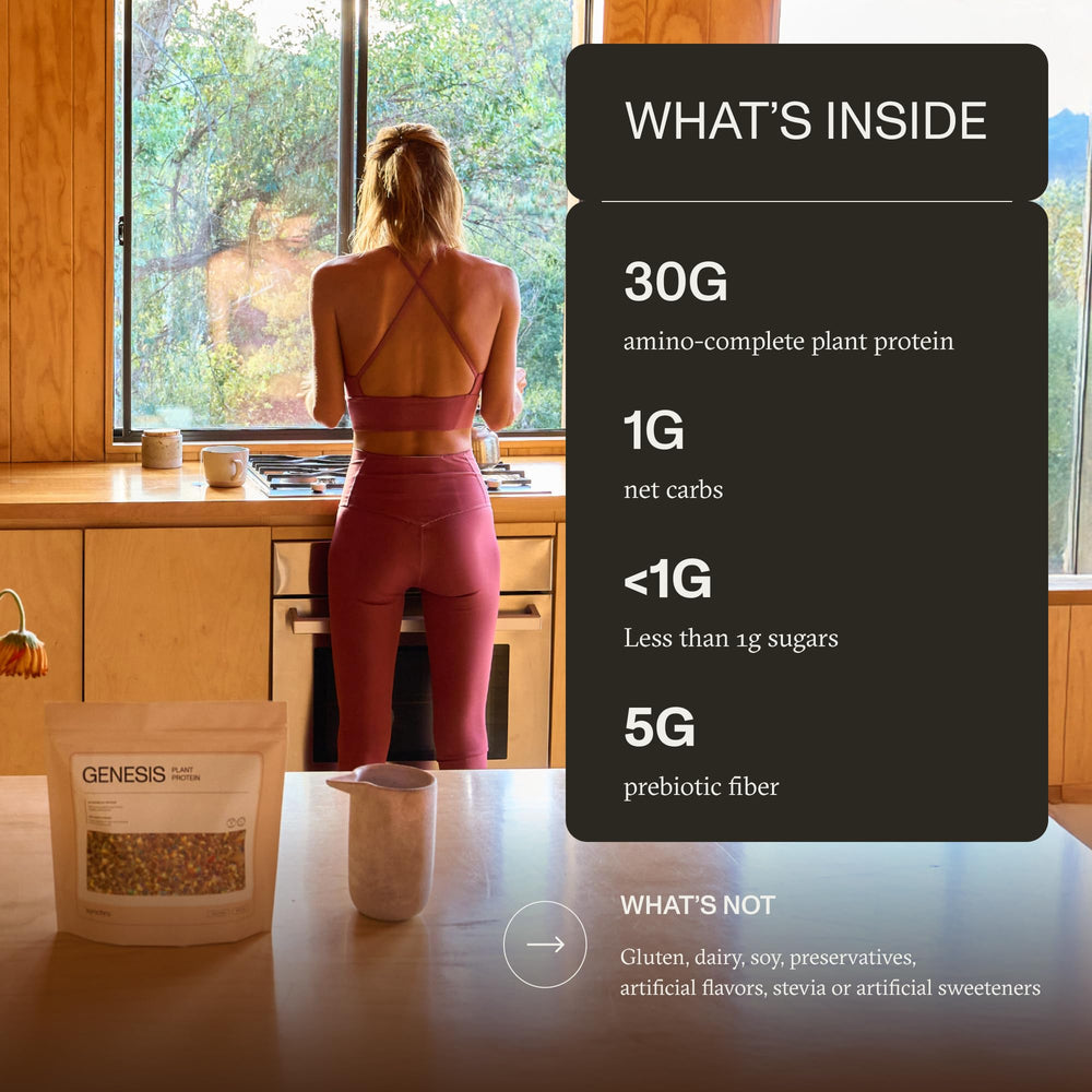 Synchro Genesis dry protein scoop shows precise serving size for consistent daily protein intake.