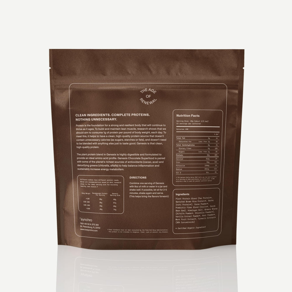 Synchro Genesis packaging-eco-label highlights vegan and keto-friendly formula