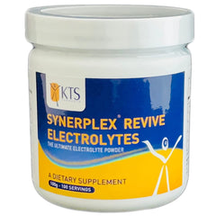 Synerplex Revive electrolyte powder tub front emphasizes hydration support.