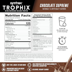 Syntrax Trophix chocolate label close-up highlights ingredients and protein sources.