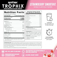 Syntrax Trophix blend ingredients closeup highlights casein, whey, egg albumin, and glutamine peptides in one mix