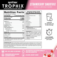 Syntrax Trophix micellar casein closeup emphasizes slow-release protein for steady amino acids overnight