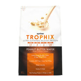 Syntrax Trophix bottle with peanut butter wafer, sustained-release protein for day-long nourishment.