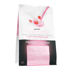 Syntrax Trophix strawberry smoothie shake pouring highlights a flavorful post-workout option.