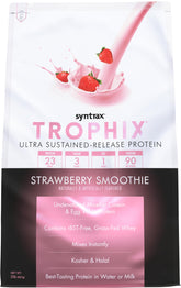 Syntrax Trophix ultra sustained-release powder tub showcases multi-source protein for steady amino acids.