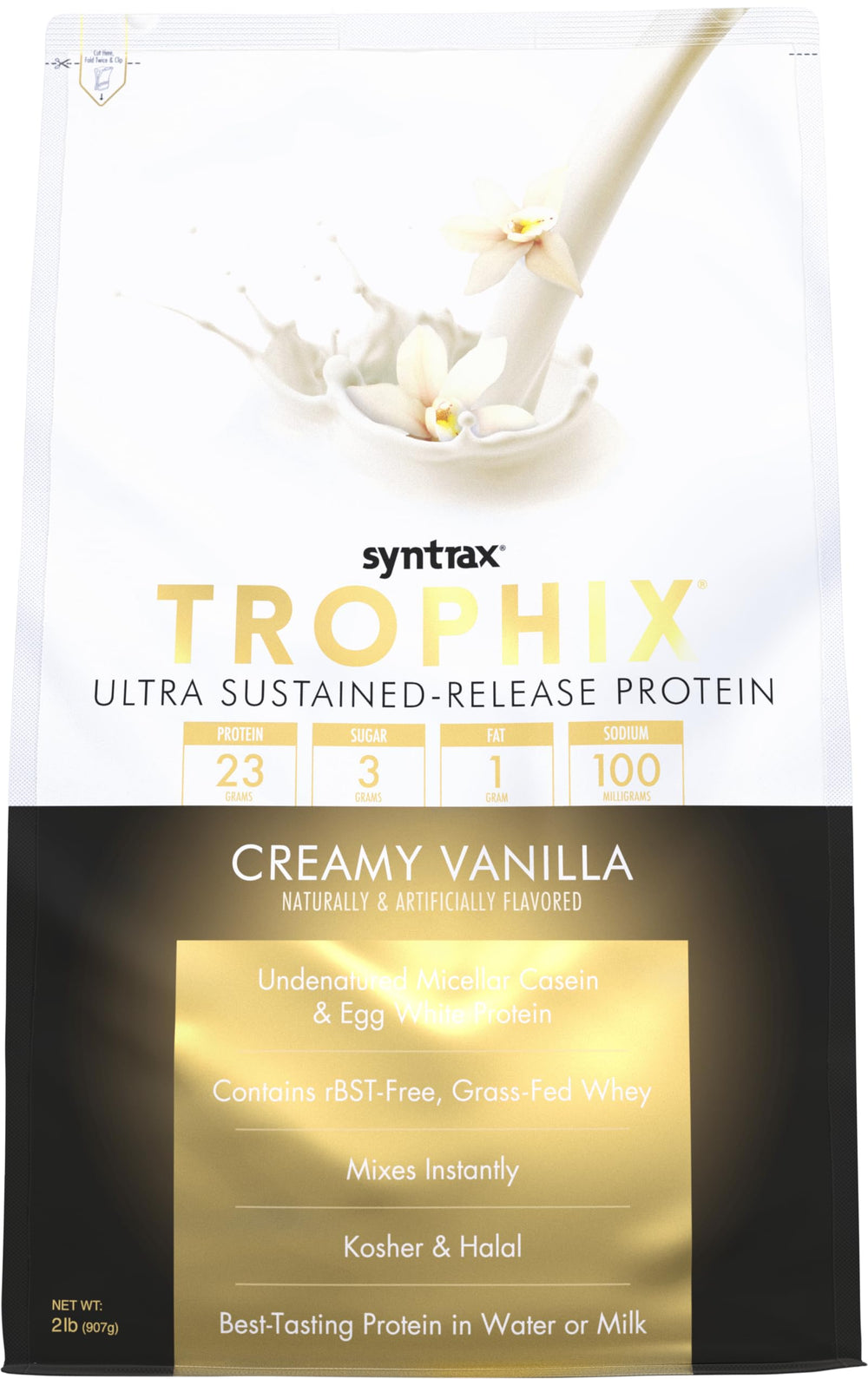 Syntrax Trophix vanilla tub with ultra sustained-release protein blend.