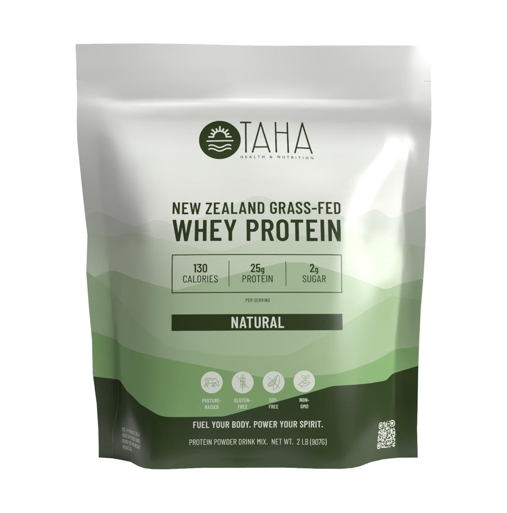 Taha Health & Nutrition natural unflavored whey powder bag, ideal for daily shakes and meals.