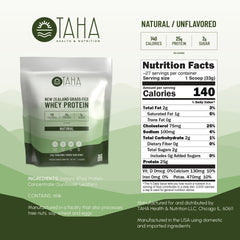 Taha Health & Nutrition whey label close-up, showcasing mild taste for versatile mixing.