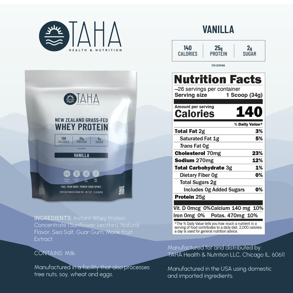 Taha Health & Nutrition vanilla whey protein scoop ready for a quick workout shake.
