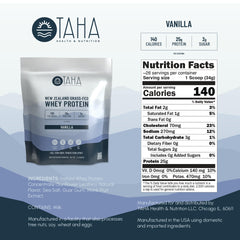 Taha Health & Nutrition vanilla whey protein scoop ready for a quick workout shake.