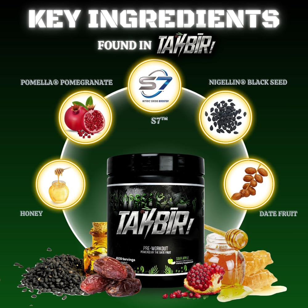 TAKBIR! pre-workout blue raspberry back label with nutrition facts