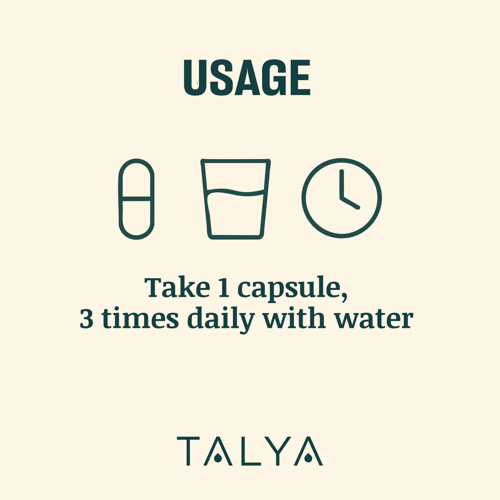 Talya Relax bottle with 60 capsules and label detail