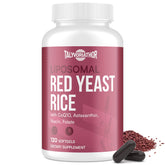 Bottle and softgels of Talyvoriathor Liposomal Red Yeast Rice 1200mg with CoQ10 and Astaxanthin