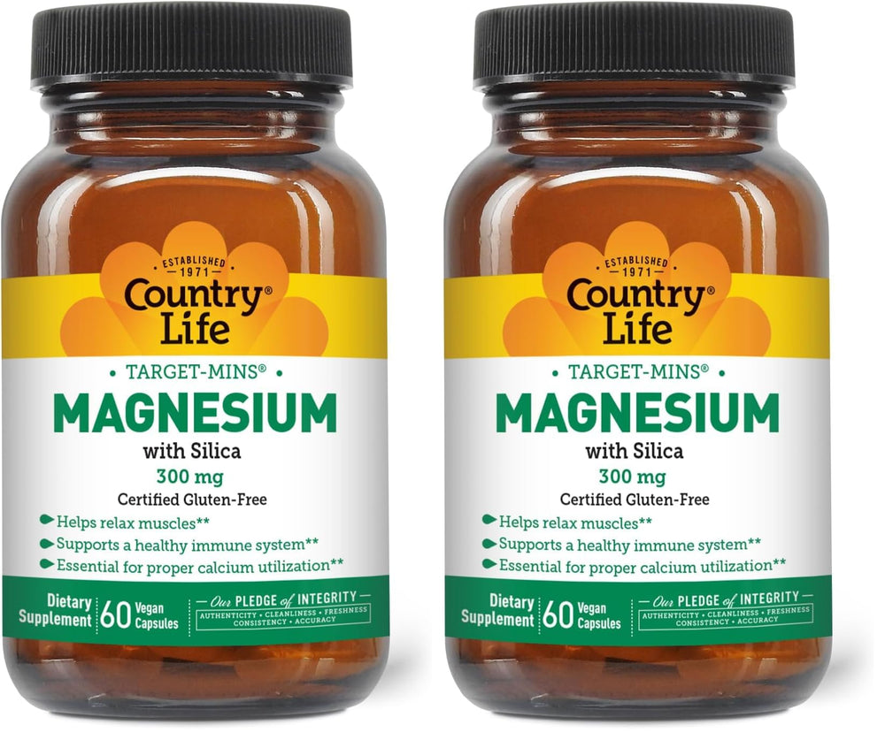 Target-Mins Magnesium with Silica 300mg bottle front view, 60 vegan capsules