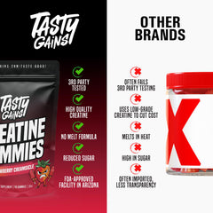 Non-GMO badge on a TASTY GAINS Creatine Gummies pack