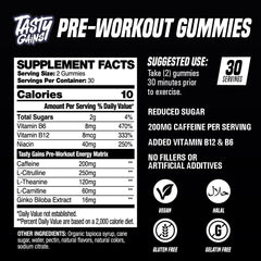 TASTY GAINS preworkout gummies bottle-pour captures fast-acting caffeine for workouts.
