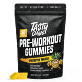 TASTY GAINS preworkout gummies jar-front for convenient on-the-go energy and focus.