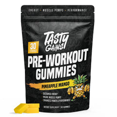 TASTY GAINS preworkout gummies jar-front for convenient on-the-go energy and focus.